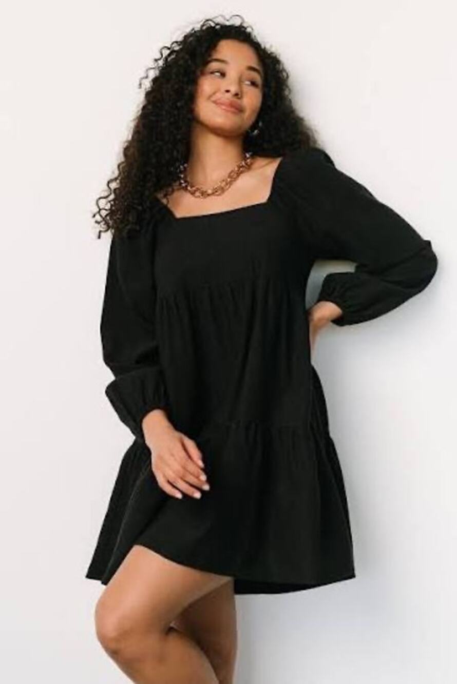 NWT Baltic Born Selena Tiered Mini Dress Black Long Sleeve Square Neck L